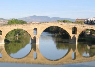 Puente la Reina ist stark vom Jakobsweg geprägt und verfügt über Reste der Stadtmauer sowie zahlreiche Sakralbauten. Seine Gründung verdankt er der Brücke (spanisch: Puente) über den Fluss Arga, deren Bau die Königin (spanisch: Reina) Mayor befahl. In Puente La Reina treffen sich die beiden Routen des Jakobswegs, die vom Somport-Pass und aus Roncesvalles hierher führen. Bemerkenswert ist vor allem die im 12. Jahrhundert erbaute und später erweiterte Santiago El Mayor-Kirche. Sie hat einen Grundriss in Form eines lateinischen Kreuzes, und ein Sterngewölbe. Ihr schönes romanisches Portal zeigt maurische Einflüsse. Die spätgotische Crucifijo-Kirche aus dem 12. Jahrhundert wurde im 14. Jahrhundert erweitert. Ihre Gründung geht auf die Tempelritter zurück, die die Herberge errichteten. Ebenfalls erwähnenswert sind die mittelalterliche, fünfbogige Brücke, die aus dem 14. Jahrhundert stammende Kirche San Pedro und das Frauenkloster Sancti Spiritus.